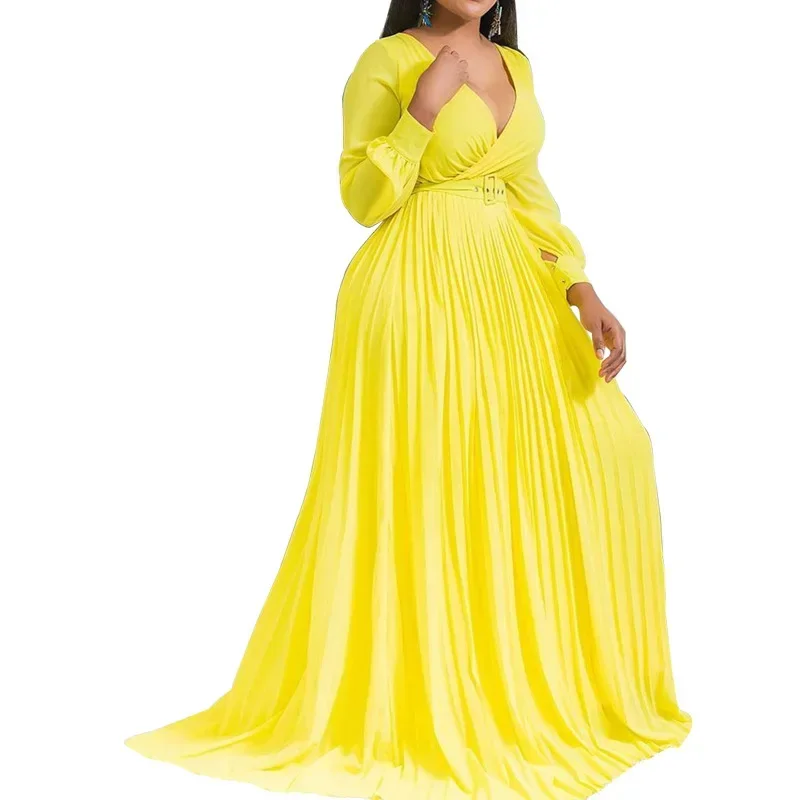 Sexy Yellow Plus Size Women Loose Long Dresses Pleated Plain Dinner Evening Party Vintage Female 2019 Autumn Maxi Dress 4XL 5XL