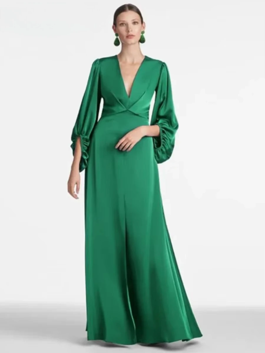 Customized Exquisite Emerald Green V-Neckline Puff Sleeve A-line Satin Evening Dresses 2026 New Elegant Ankle Length Prom Dress