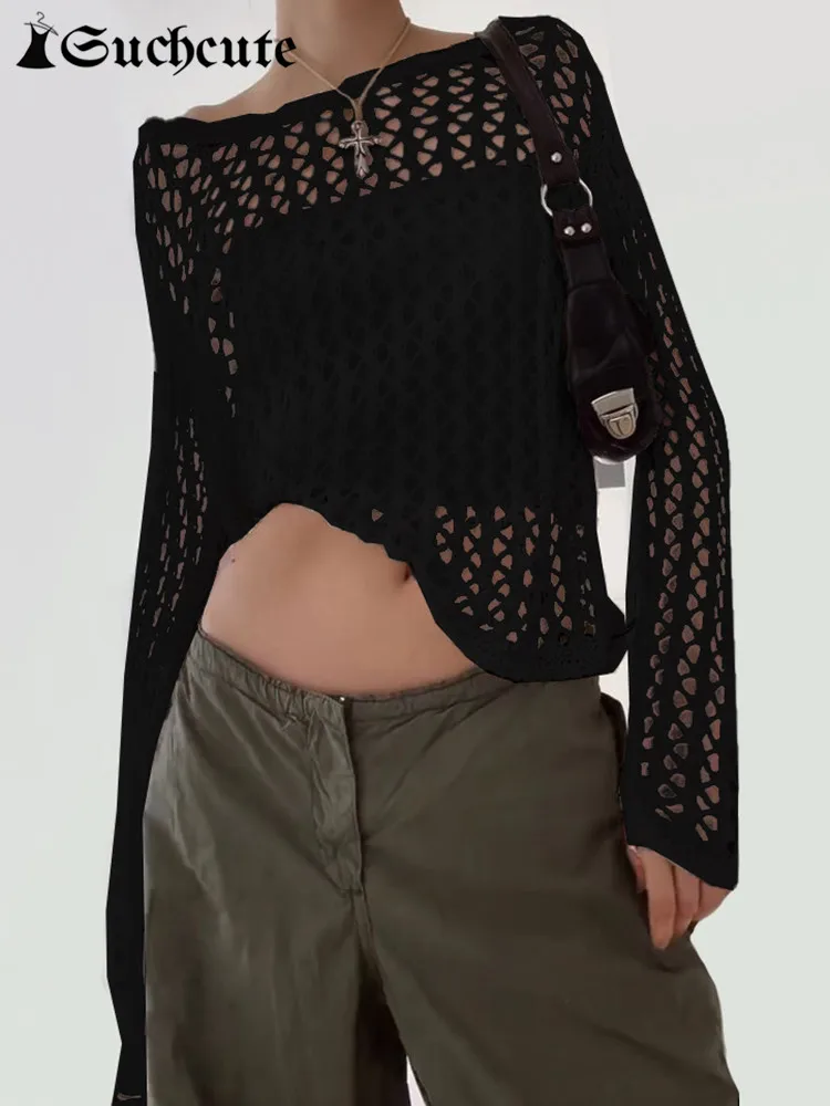 

SUCHCUTE Gothic Hollow Out Fishnet Sweater Women Autumn Basic Kintted Loose Smock Tops Sexy Long Sleeve Streetwear Dark Crop Top