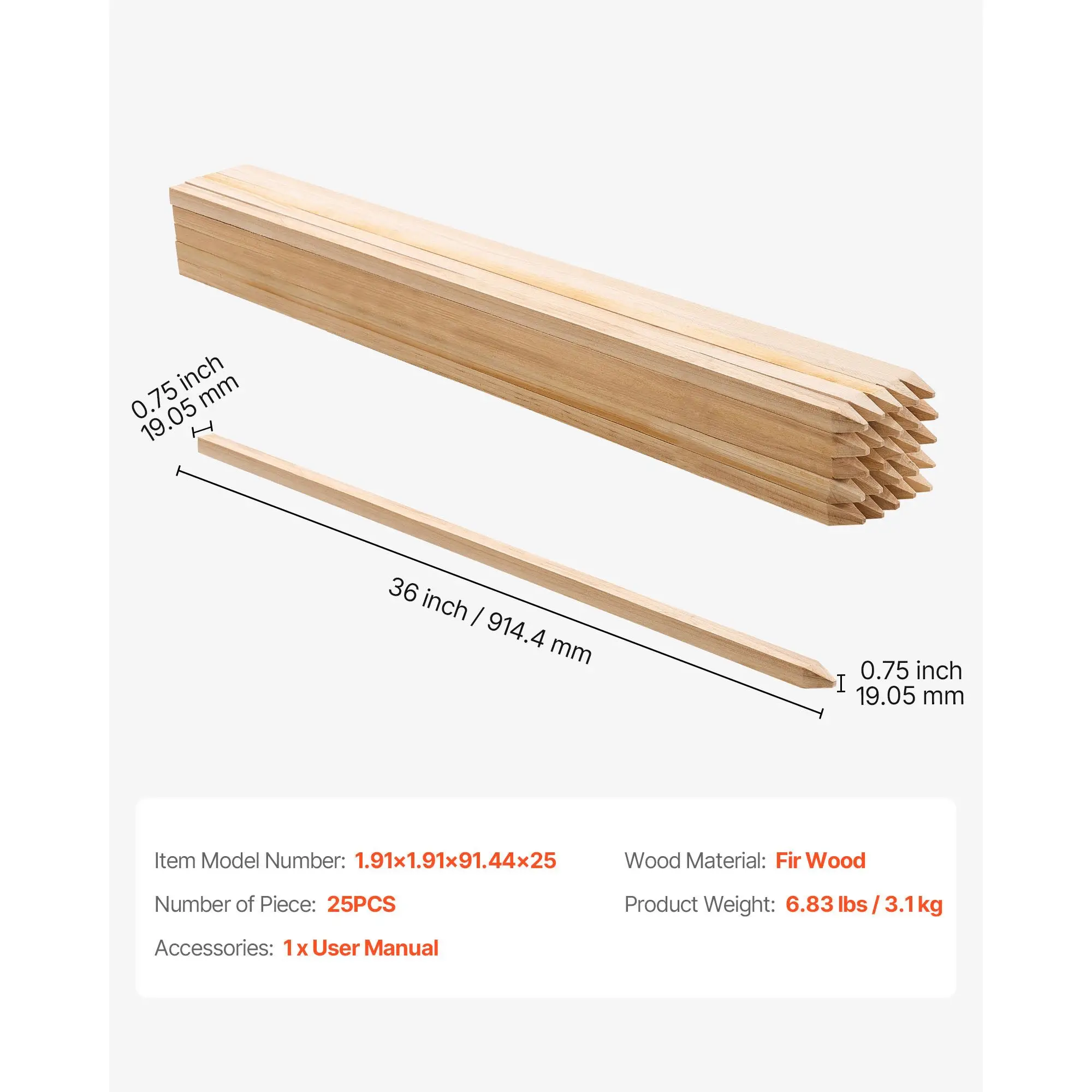 Wooden Garden Stakes, 25 Pcs 36x0.75x0.75 in Survey Grading Stakes, Garden Ground Stake with Sharp Point, Fir Wood Plant Support Stake, Sign Posts for Silt Fence Backyard Boundaries Baselines