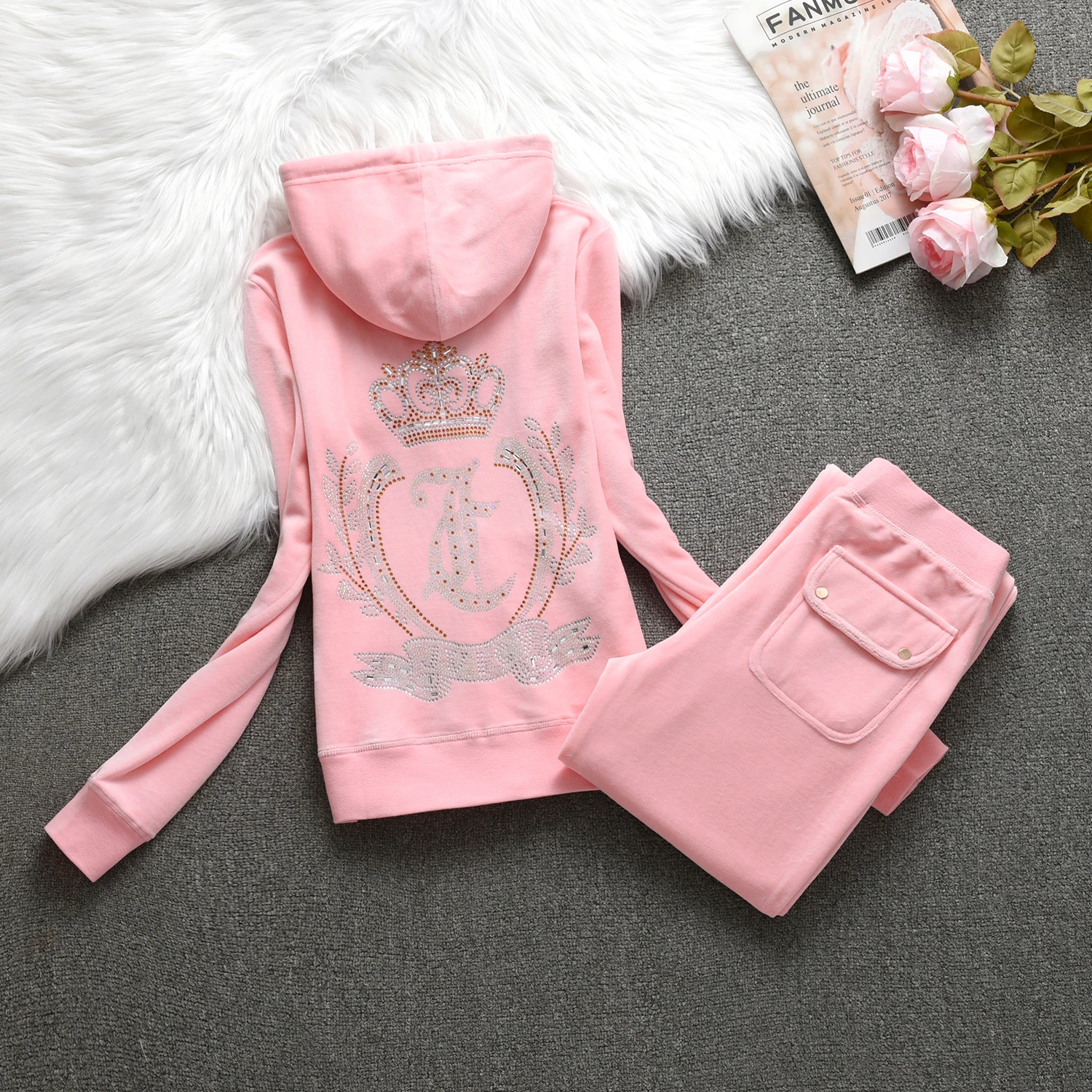 2024 Juicy Lovers Brand Casual Women\'s Suits Spring Autumn Outdoor Velvet Women Tracksuits Hooded Collar Jogging Sportswear suit