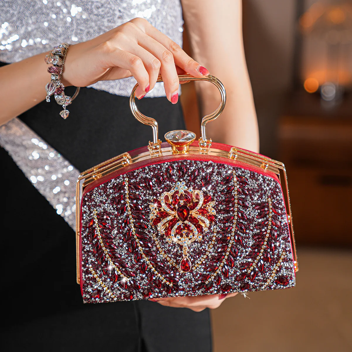 Elegant Beads Decor Mini Satchel Dinner Bag, Classic Glitter Luxury Party Handbag For Women, Festival Gift For Women