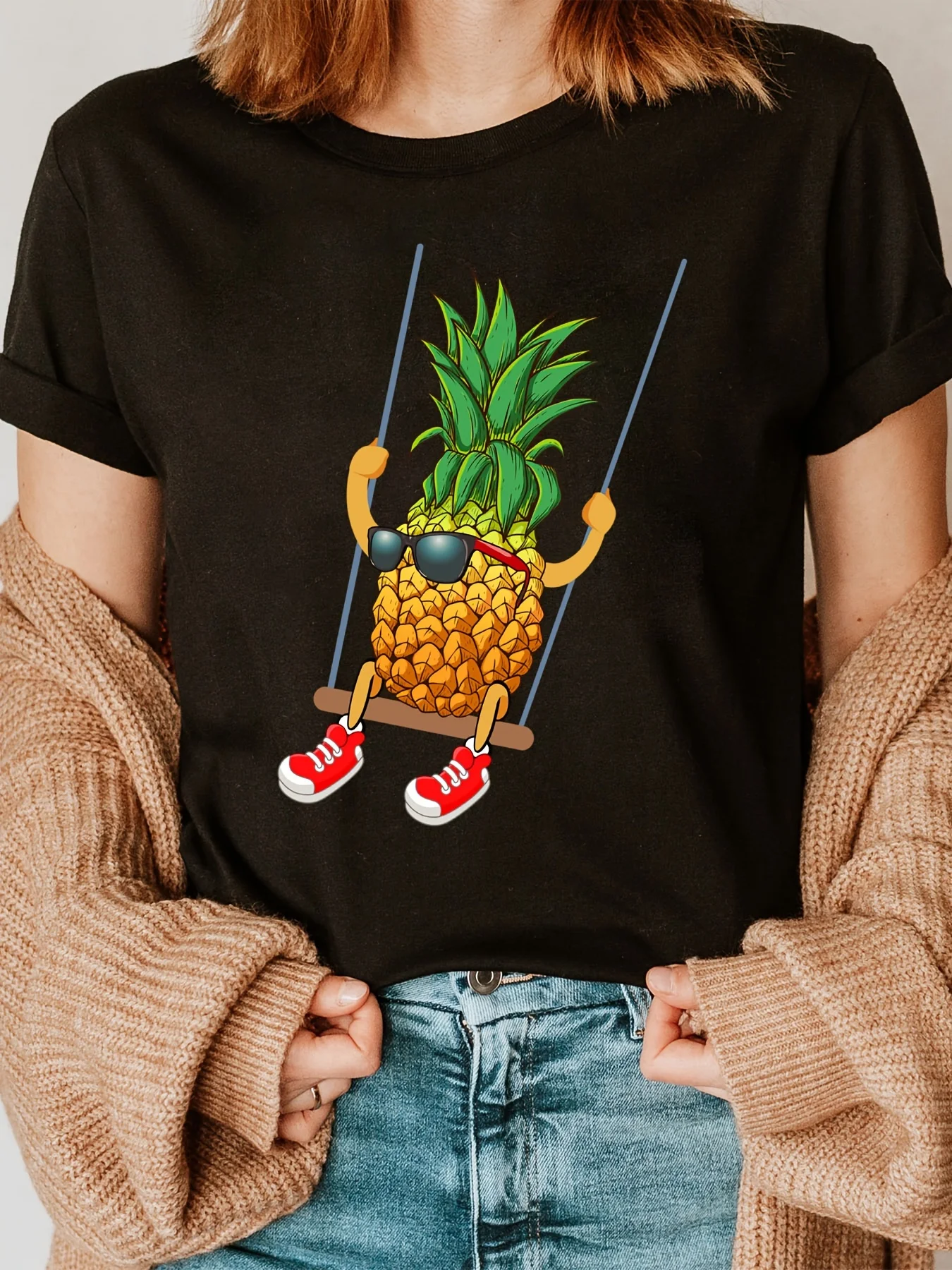 Red Shoe Swing Yellow Pineapple Fashion Letter Print T-shirt Short Sleeve Crew Neck Casual Top Summer Spring Women's Clothing