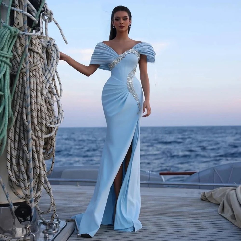 Haute Couture blauwe maxi-galajurken met kristallen 2025, bruidshootjurk, geplooide kapmouwtjes, split, Arabische formele feestjurken