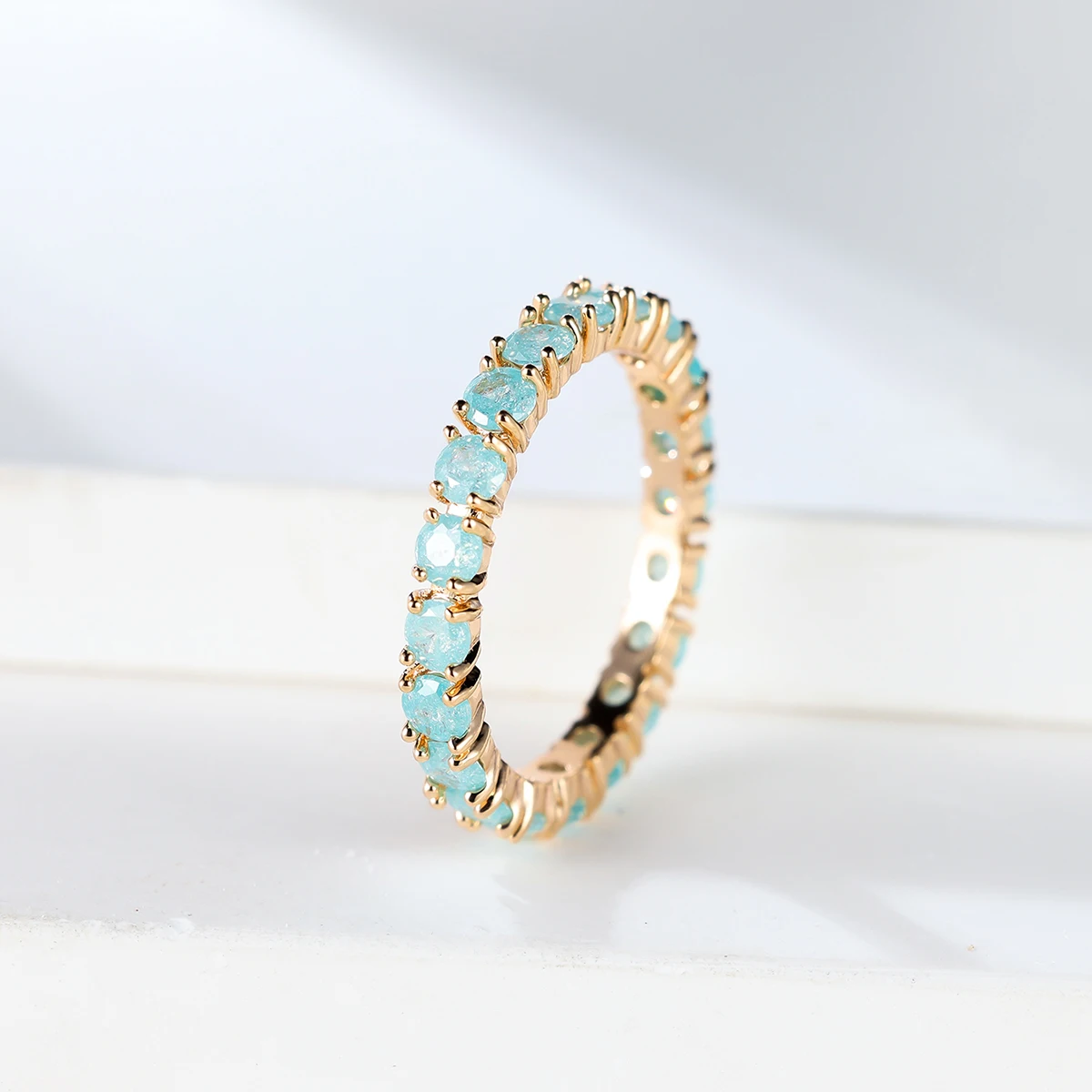 Fashion Single Row Stone Blue Green Pink Ice Flower Zircon Stacking Engagement Rings For Women Gold Color Round Wedding Bands