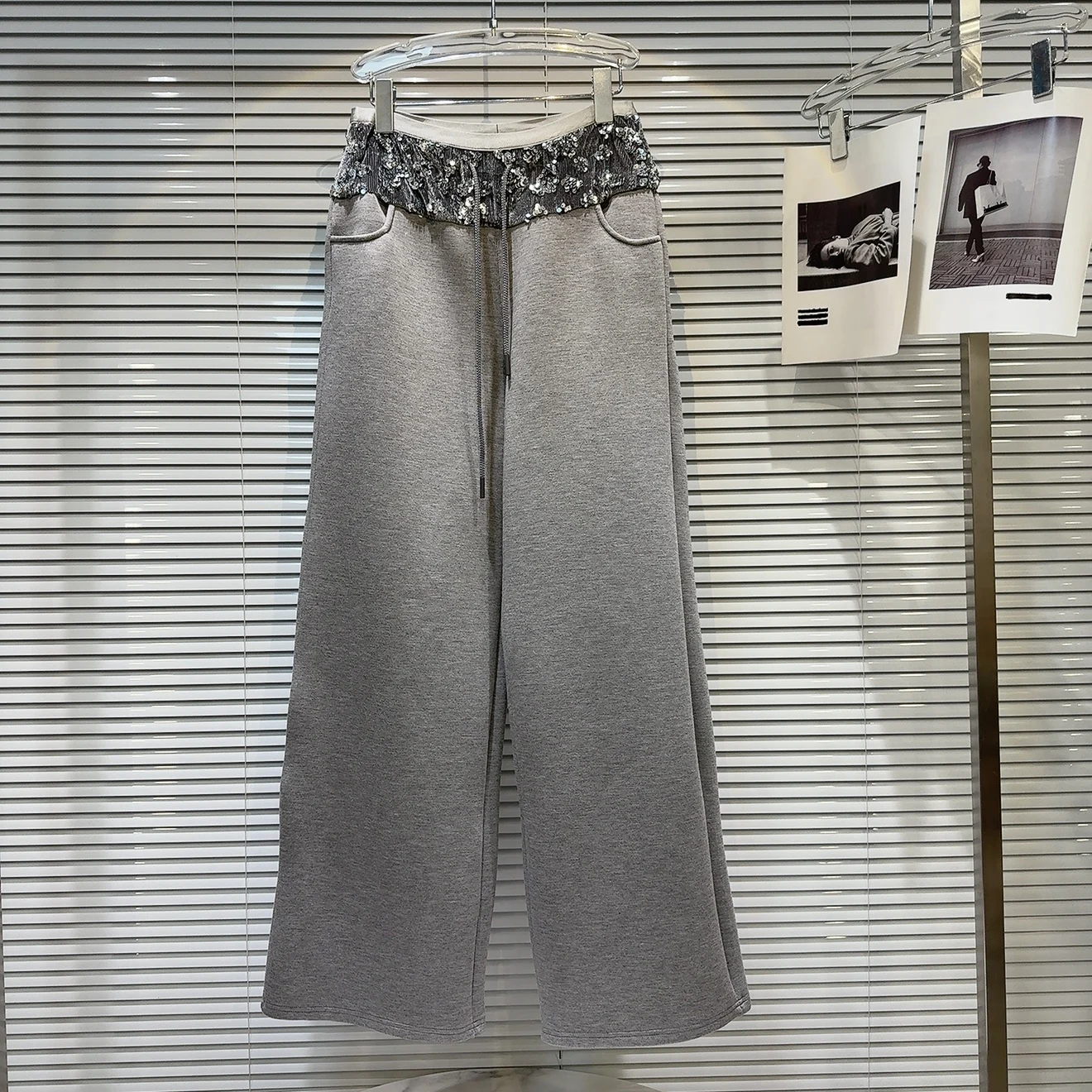 

Spring 2026 Silver Sequin Patchwork Waist Drawstring Wide Leg Casual Pants Women's Loose Fit Natural Waist Long Knitted Trousers