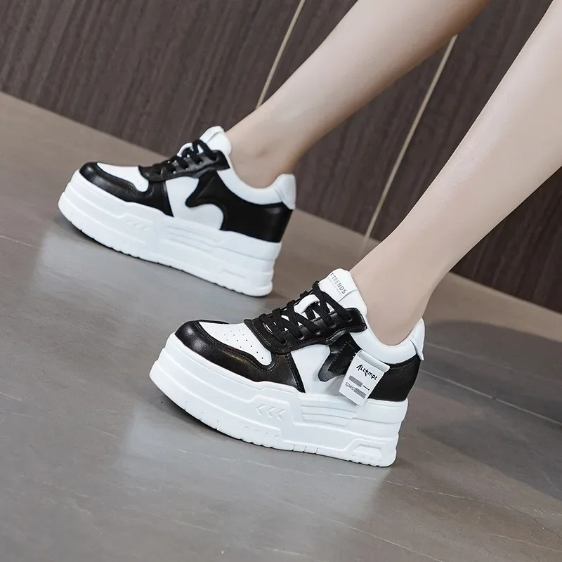 High quality 8cm Women Spring Autumn Mixed Color Ladies Vulcanize Genuine Leather Lace Up Stable High Platform Sneakers Shoes