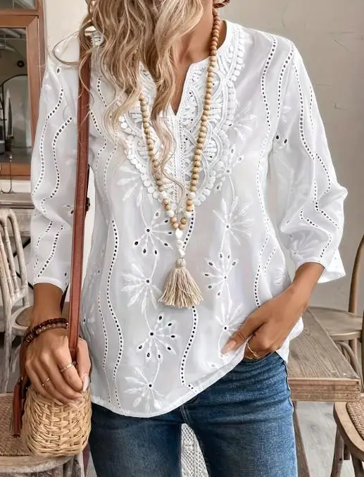 

Autumn New Loose V-Neck Style Commuter Embroidered Flared Sleeves Lace Top Chiffon Shirt