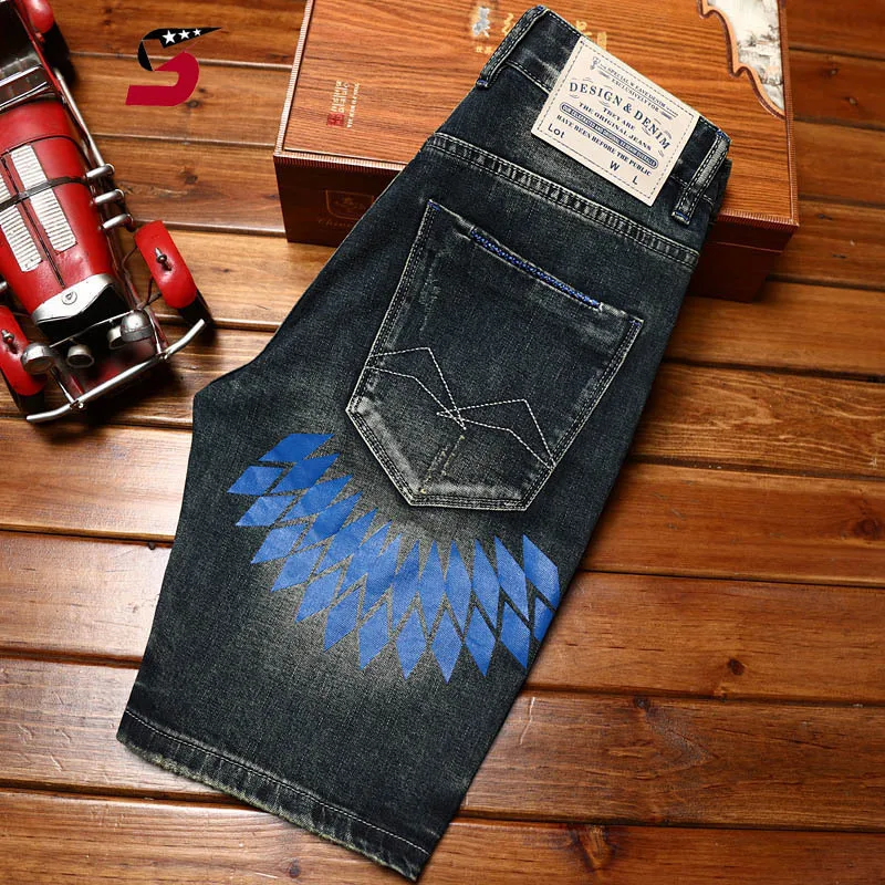 2024new retro biker's denim shorts men's fashion printed stretch slim fit hole & patch fashion brand high-end fifth pants