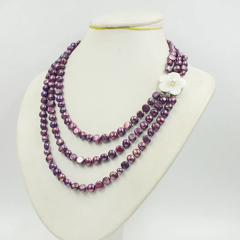 

3 rows 8-9MM Burgundy, natural, AAA Baroque pearl necklaces. Exquisite and beautiful. Women's party jewelry