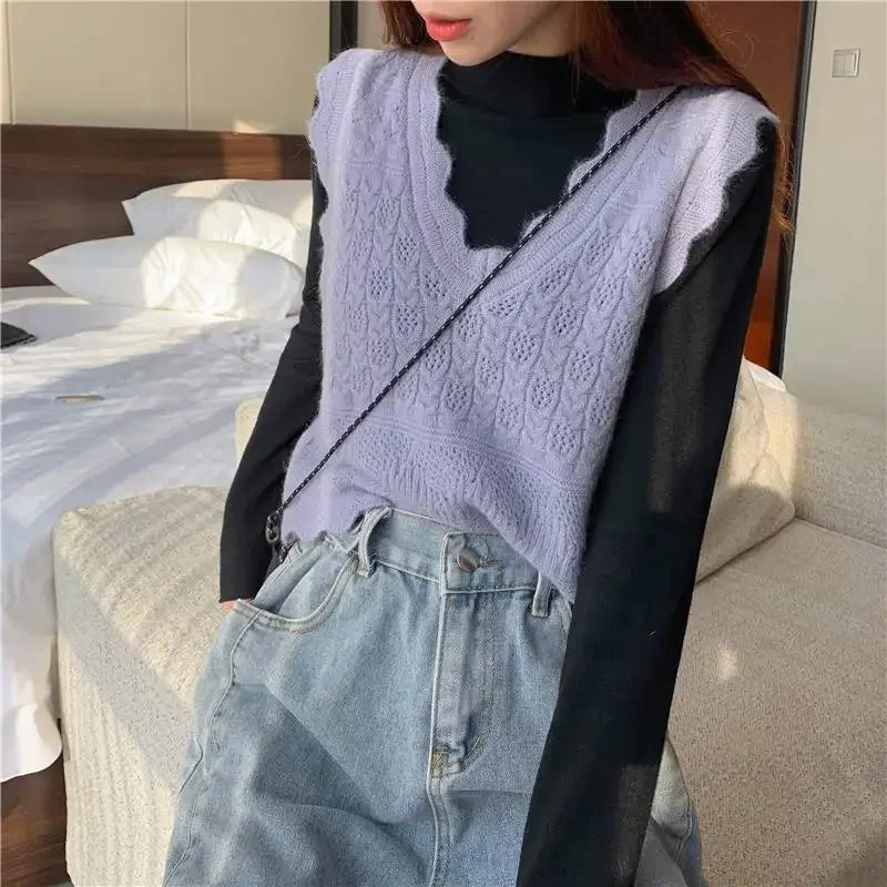 Purple Vest Ladies Sweaters Mesh Black Cute V-neck Knitted Top for Women Kawaii Y2k Vintage Clothing Warm in Promotion Crochet