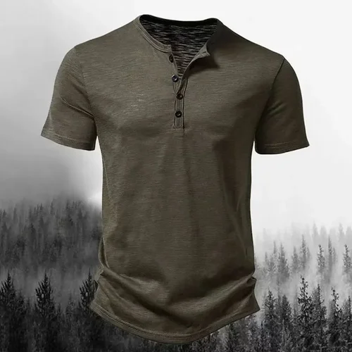 Imagen 2 del producto Camiseta informal de manga corta con cuello Henley para hombre, camisetas de algodón flameado de alta calidad para hombre, ropa de calle, recién llegada