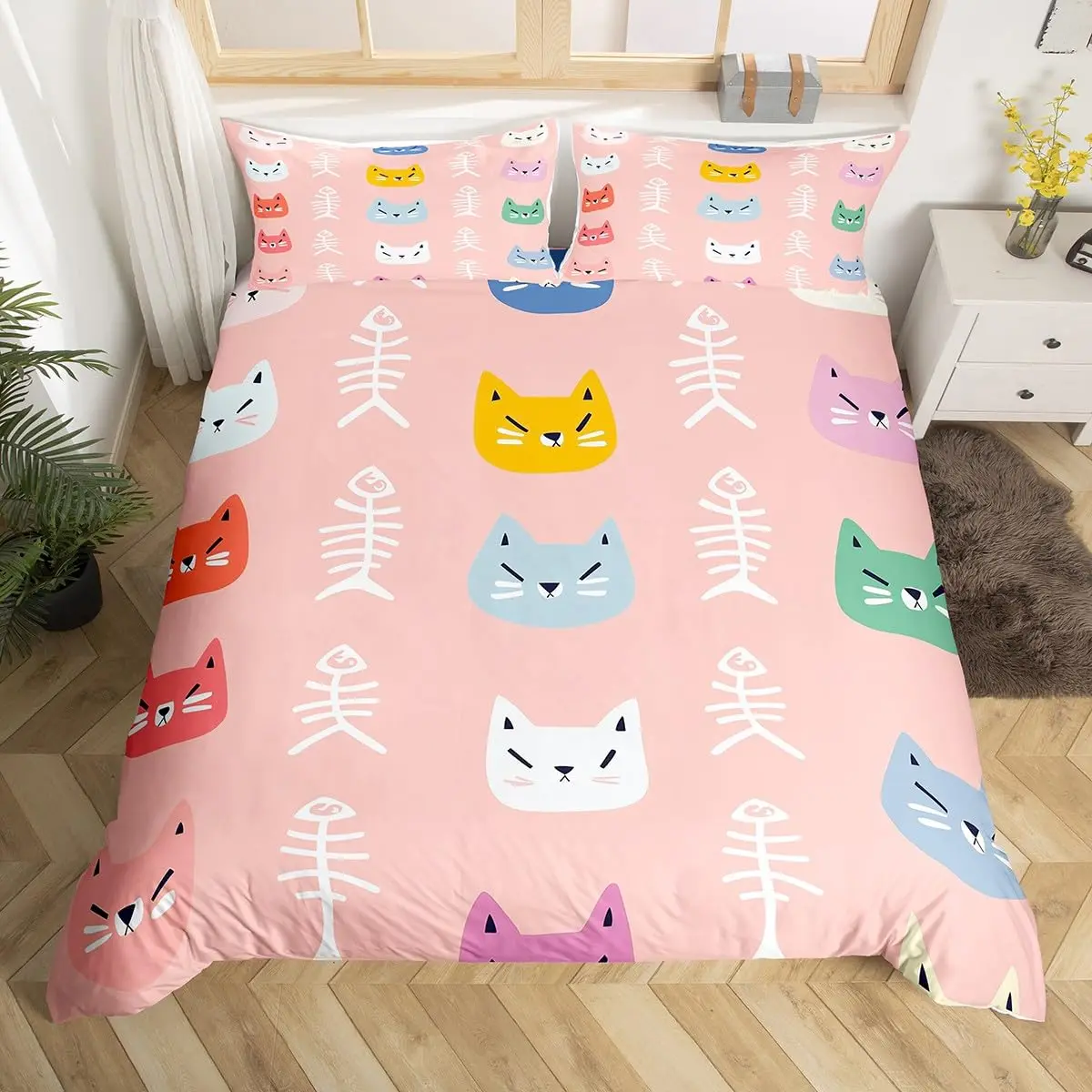 Cute Cat Paw Print Duvet Cover Kawaii Cats Bedding Set Funny Kitten Fish Comforter Cover Cartoon Animal Polyester Quilt Cover