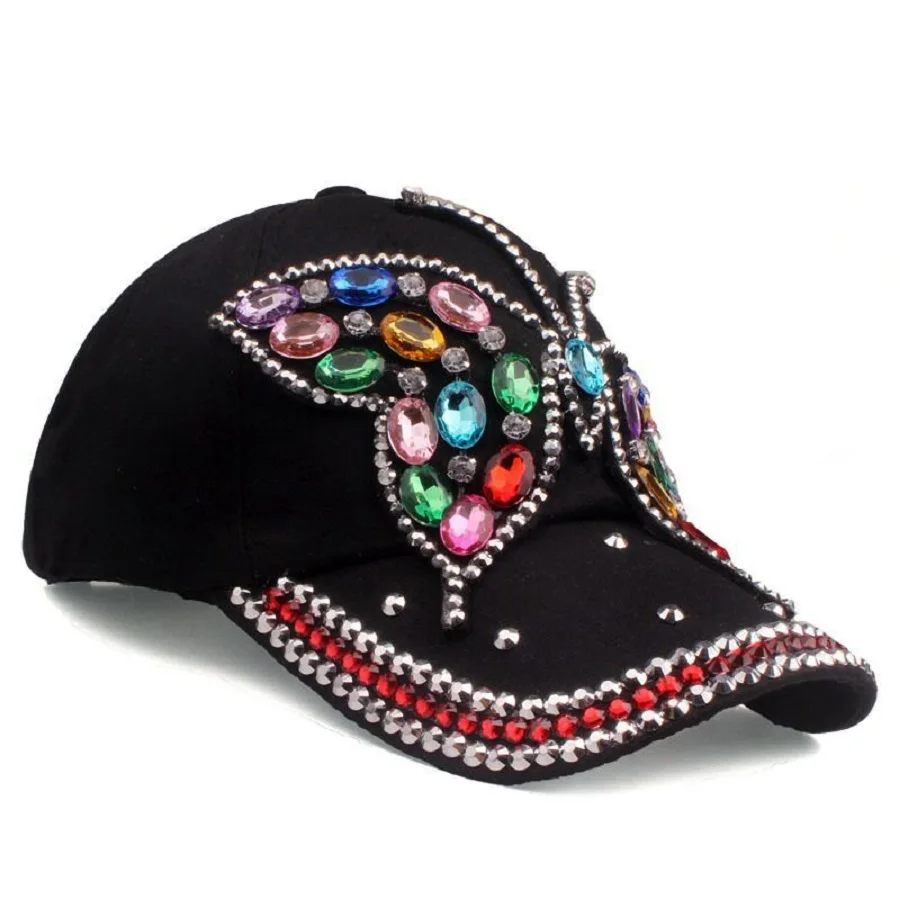 Cowboy hats for women in spring and autumn, butterfly colored diamonds, baseball caps, distressed and versatile, sun protection