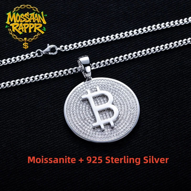 

MossanRappr D Color Moissanite Iced Out Bitcoin Pendant Fashion Hip Hop Necklace for Men 925 Sterling Silver Trend Cool Jewelry
