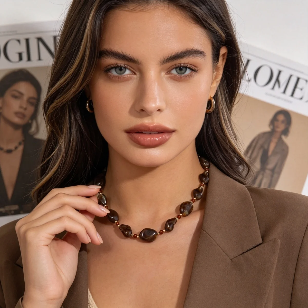 Vintage Unregelmäßige Braune Acryl-Perlenkette für Damen und Herren, Lässiger Minimalistischer Kristall-Abstandsperlen-Choker, Ins Ästhetischer Schmuck – Detail 14