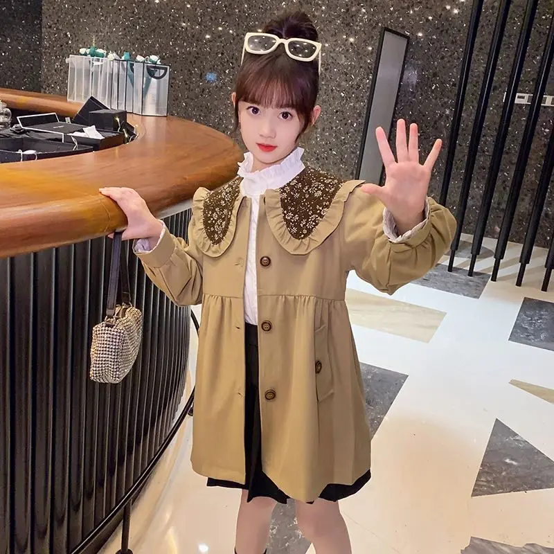 

Новинка 2023 года, весенне-осенний повседневный плащ в корейском стиле для девочек, модное пальто средней длины с приталенной талией для девочек-подростков