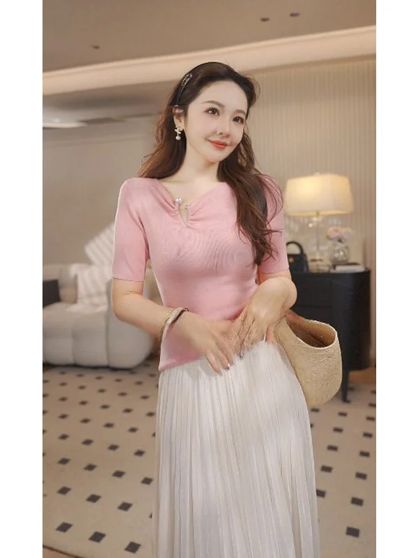 

Pinziko Slim Fit Knitwear U-ape Pearl Button Cuff Wrinkle Collar 00 Korean Sle Commute Faion Women's Top
