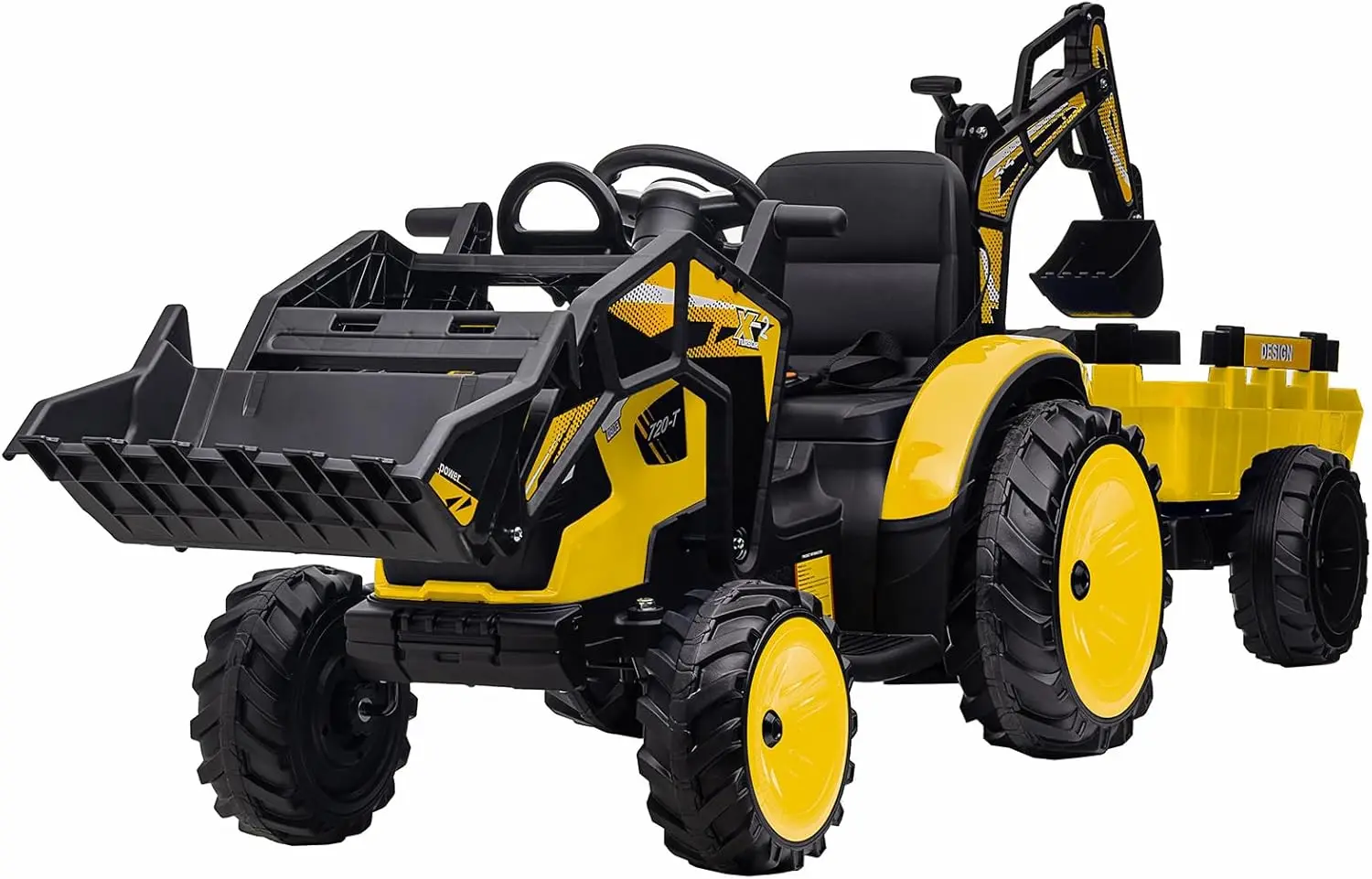 3 in 1 Ride on Tractor, Excavator & Bulldozer, 24V Electric Vehicle w/Trailer, Shovel Bucket, Digger, Remote Control