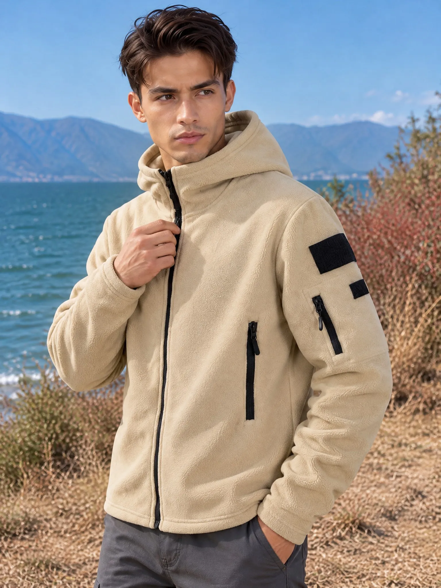 Men Outdoor Hooded Coat Long Sleeve Zip Front Hood Jacket Functional Side Pocket Casual Daily Street Outerwear