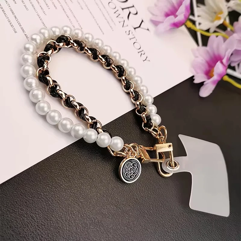 

Mobile Phone Lanyard Short Wrist Chain Rope Pearl Leather String Lanyard Hand Woven Anti Loss Hangding Rope Small Flower Pendant