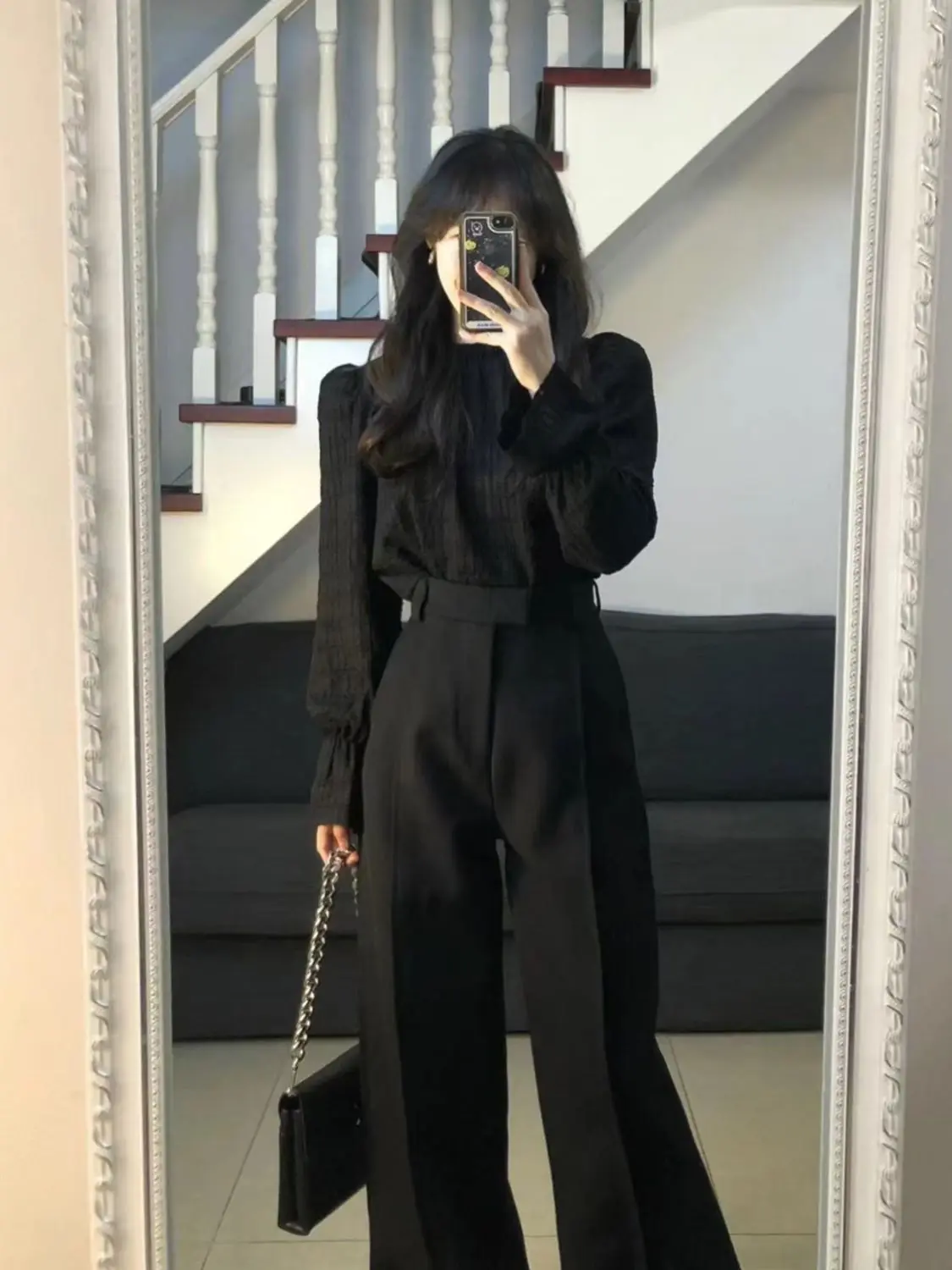 Black Two Piece Sets Women Outifits 2024 Autumn New Long Sleeve O Neck Cropped blouse + High Waisted Wide Leg Pant Suits