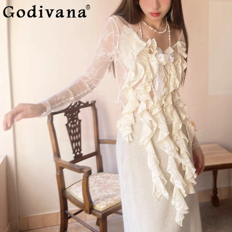 

White Round Neck Long Sleeve Thin Exquisite Shirt Girl Spring Summer Irregular Sweet Ruffles Tassels Skin-penetrating Fabric Top