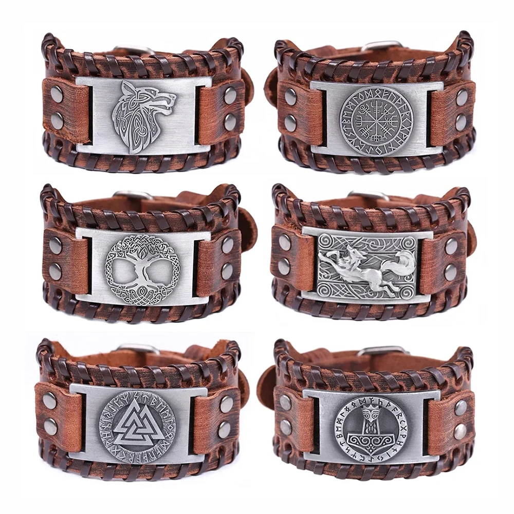 LIKGREAT Viking Wide Leather Bracelet Men Punk Braided Rope Wolf Alloy Cuff Bangle Eye of Horus Amulet Male Wristband Jewelry