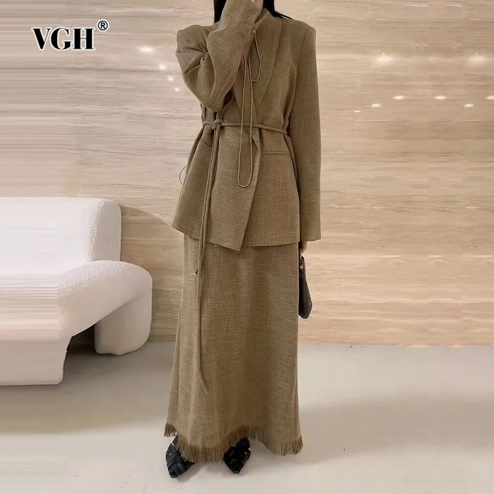 

VGH Minimalist Two Piece Set For Women Lapel Long Sleeve Spliced Lace Up Blazer High Waist Tassel Hem Skirt Solid Sets Female