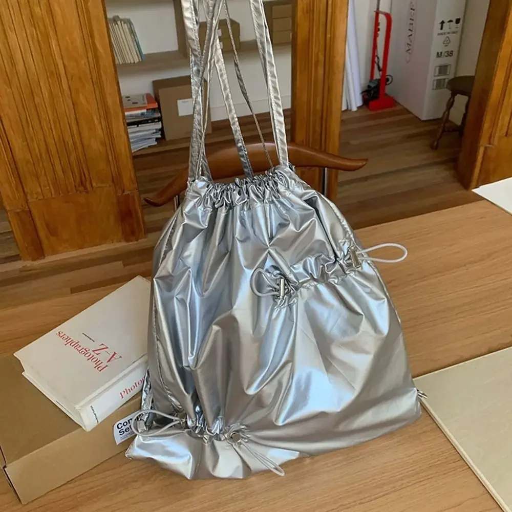 Sweet Korean Style Drawstring Backpack Commute Fold Nylon Ruched Backpack Tote Bag Solid Color Silver Shoulder Bag Girls