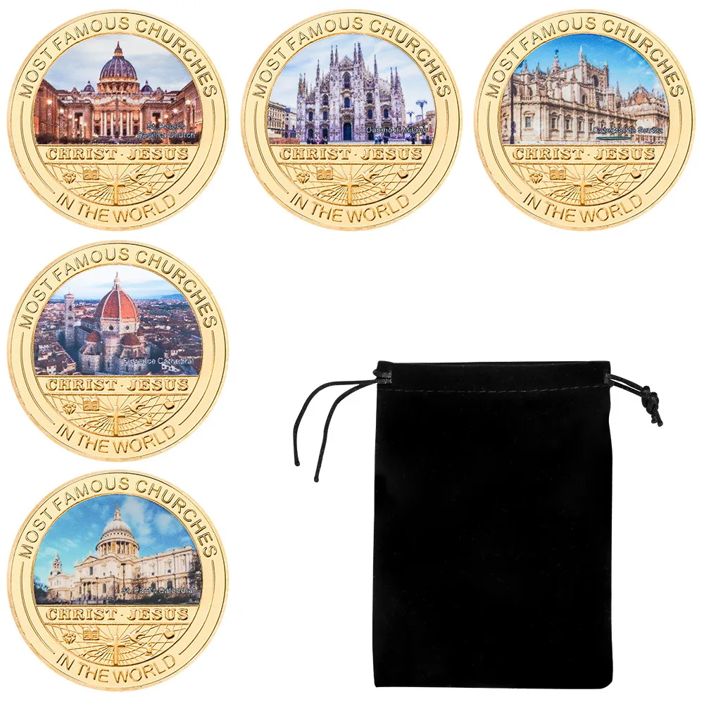 

5pcs World Renowned Churches Commemorative Coins with Bag God Loves People Challenge Coin Collectible Birthday Christmas Gifts