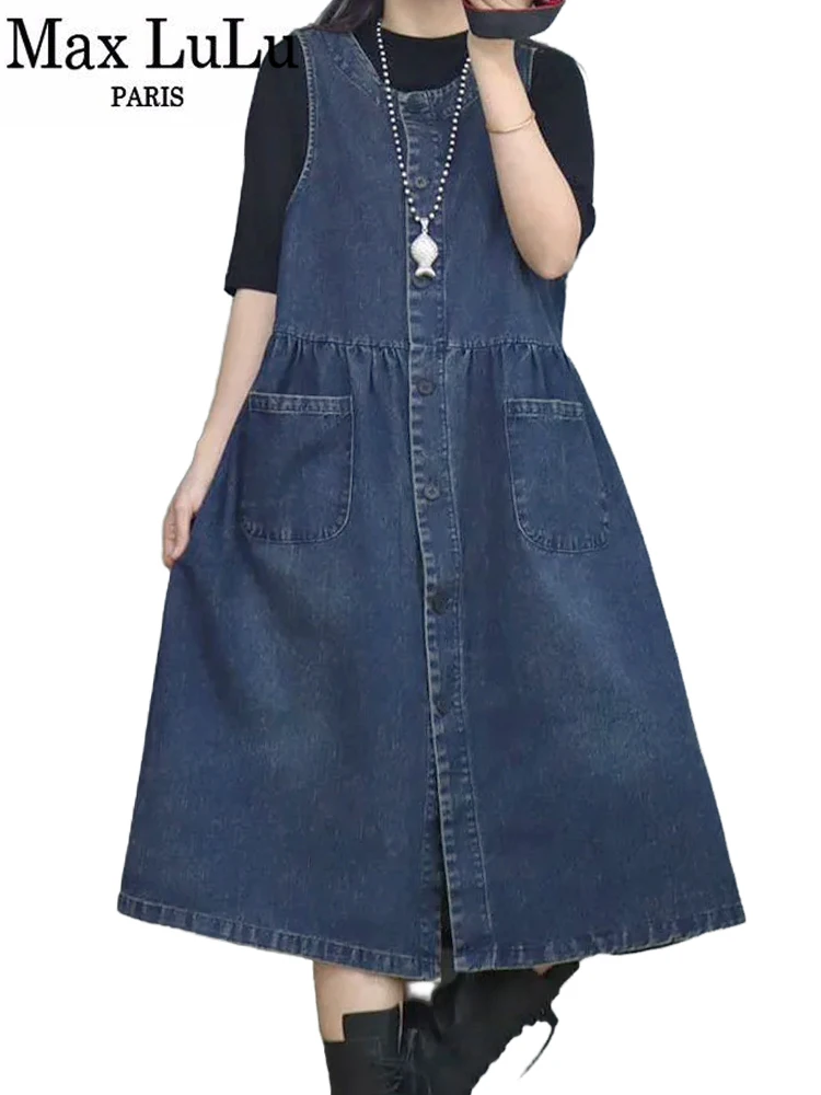 Max LuLu Fall Korean Fashion Clothes Womens Casual Denim Dresses Ladies Luxury Vintage Classic Loose Elegant Sleeveless Vestidos