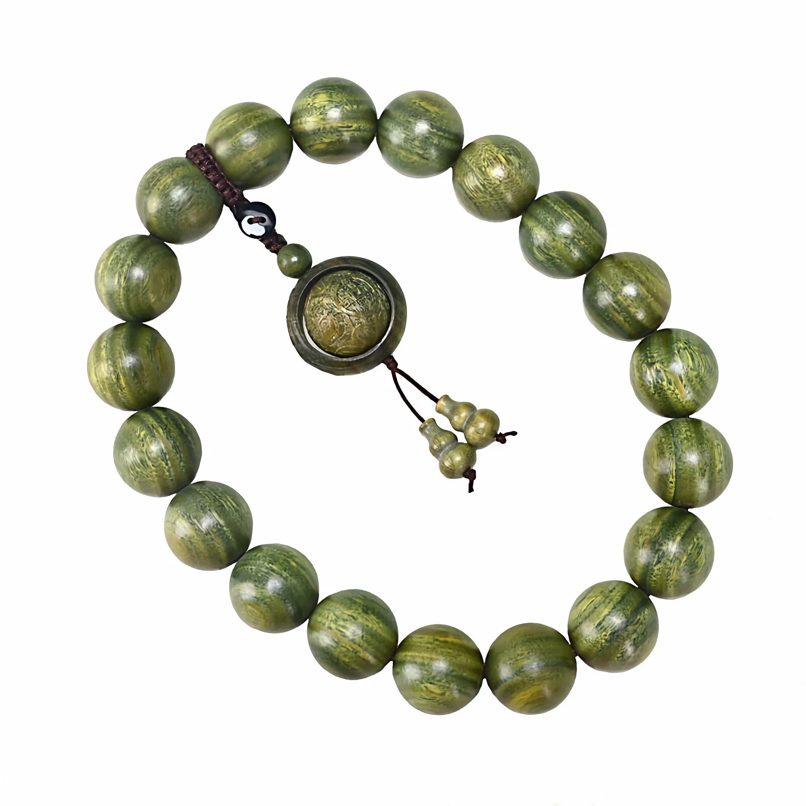 Natural Chinese Style Lucky Green Sandalwood 20mm Beaded Bracelet Fortune Blessing Rotatable Pendant Wrist Mala For Men Women