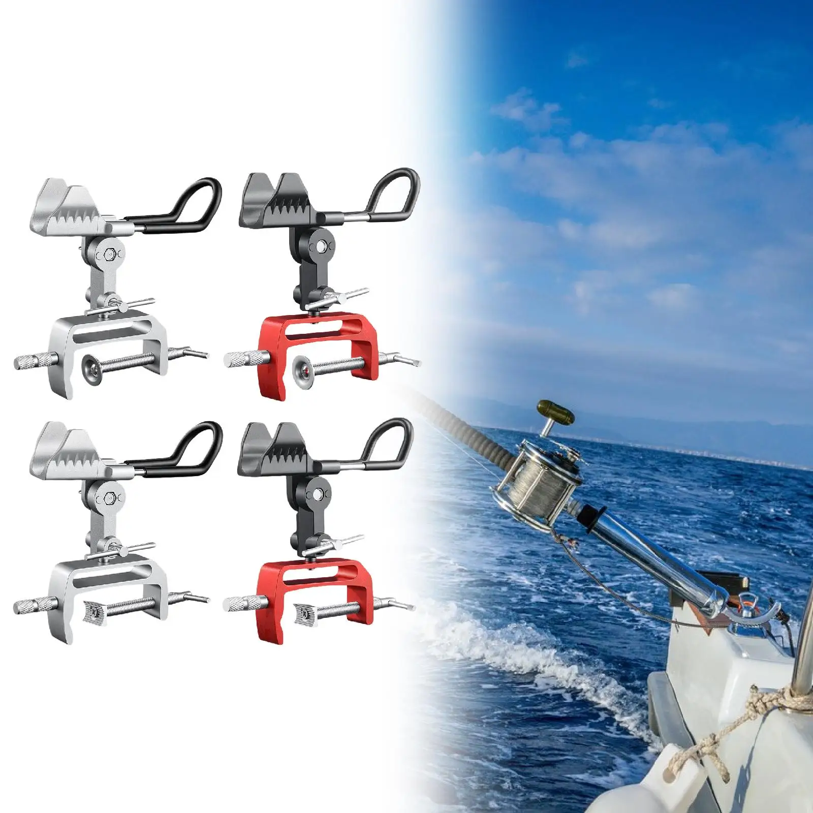 Boat Fishing Rod Holder Clamp on Adjustable Aluminum Alloy Non Slip Rod Rest Bracket Rack for Canoe Railings Kayak Raft Yacht