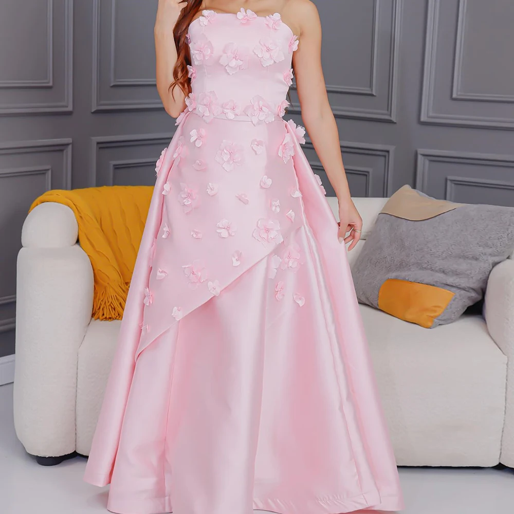 

Customized Elegant Appliques Beading Satin Evening Dress Temperament Strapless A-Line Sleeveless Floor Length Homecoming Gowns