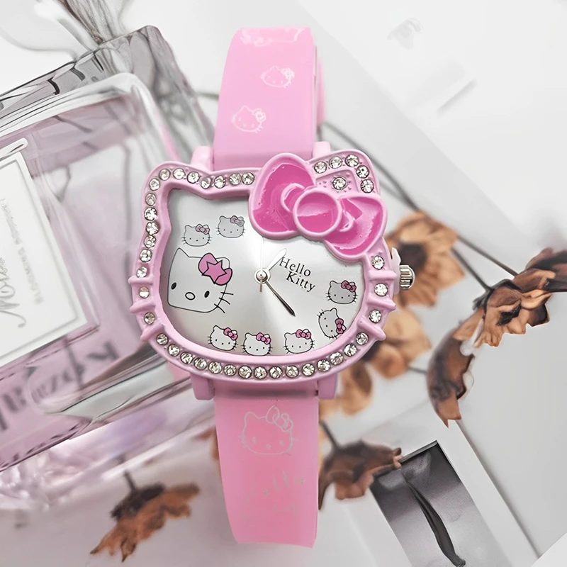 Mininstants-Montre de dessin animé pour enfants, Sanurgente, Hello Kitty Head, diamant en silicone, montre à quartz pour filles, montre pour étudiants, cadeaux d'anniversaire pour enfants