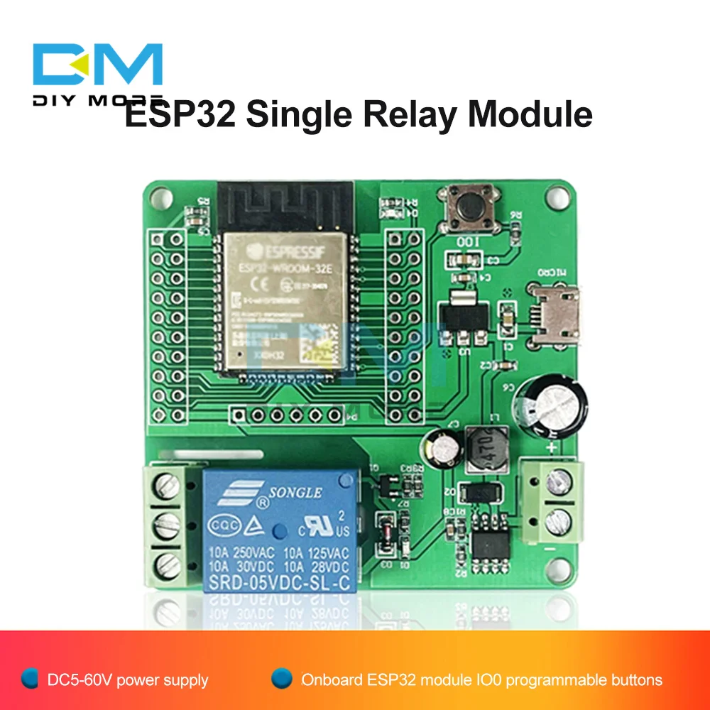 ESP32-WROOM-32E Development Board 1 Channel Relay Module DC 7-60V Micro USB 5V Output Switch Signal 4M Byte Flash