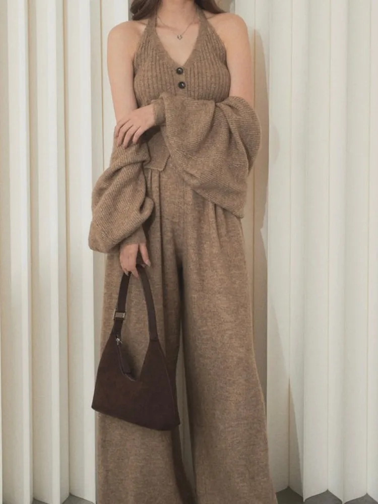 Elegant V-Neck Knitted Three-Piece Set for Women Long Sleeve Wide Leg Pants Vest Strap Neck Hanging Shoulder Shawl Autumn Winter