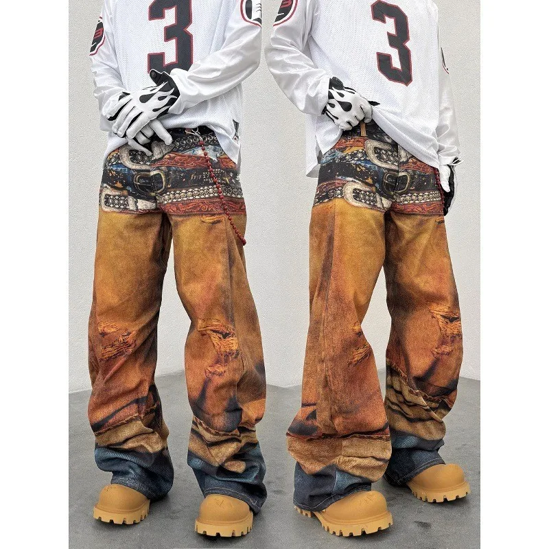 

American Street Sle Cargo 3D Printed Multi-Waisted Hole Acid Wa Men's Women's Jeans Straight Leg Non-Sinking Casual Fit