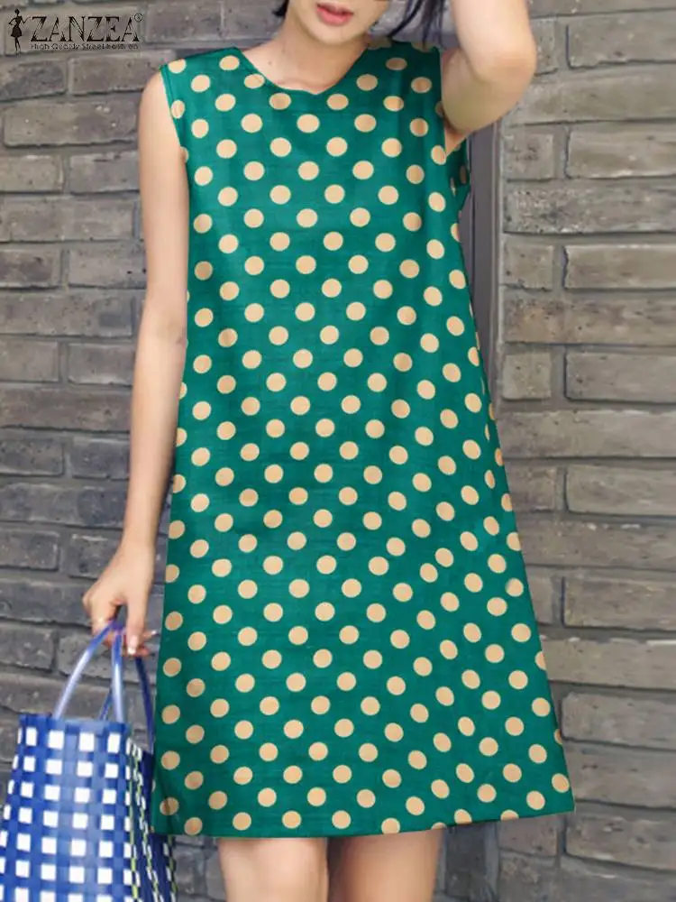 ZANZEA 여성용 여름 물방울 무늬 원피스 민소매 비치 선드레스, 캐주얼 휴일 복장, O넥 탱크 로브, Sarafans 패션