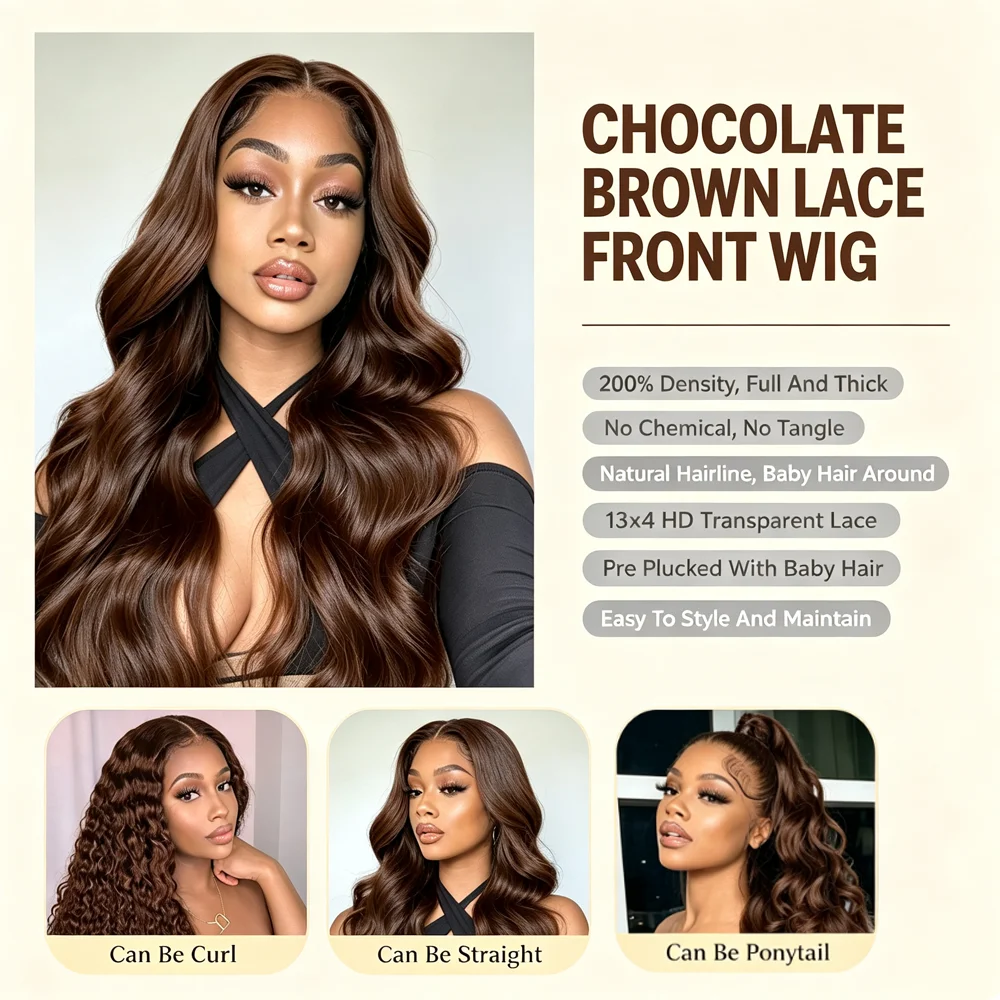 13x4 HD Lace Frontal Human Hair Wigs Pre Plucked with Baby Hair #4 Chocolate Brown Body Wave Human Hair Wigs For Women Natural Hairline image 4