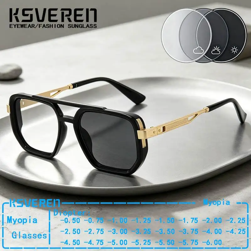 Men Women Pilot Photochromic Myopia Glasses Retro Double Bridge Square Prescription Optical Eyewear Outdoor Sun Color Changing