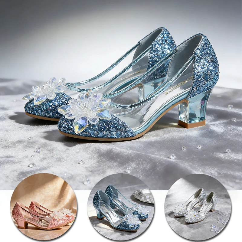 

Сверкающие сандалии принцессы Снежной королевы для девочек на каблуке, элегантные детские туфли с кристаллами для выпускного вечера, торжества, свадьбы, дня рождения