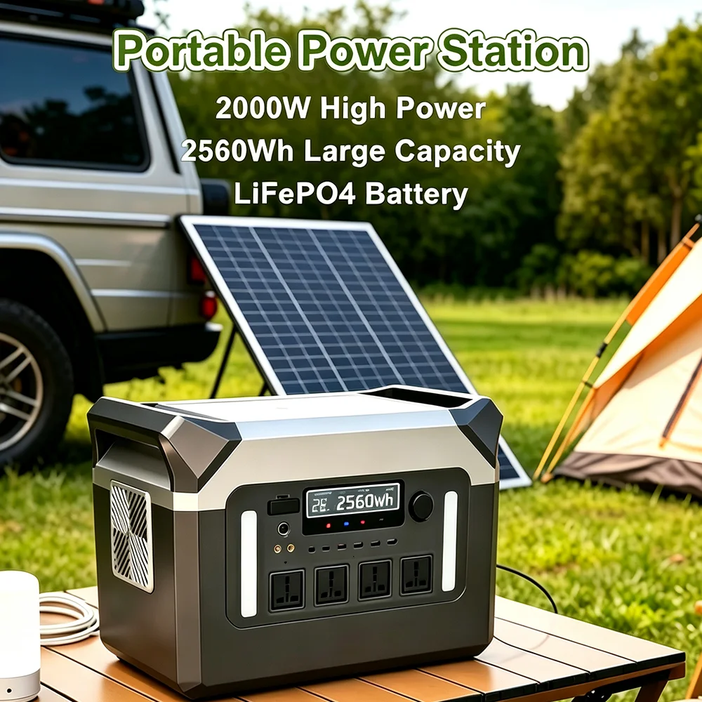 2000W portable power station, powered by lithium iron phosphate battery, suitable for home appliances, RVS, camping, etc