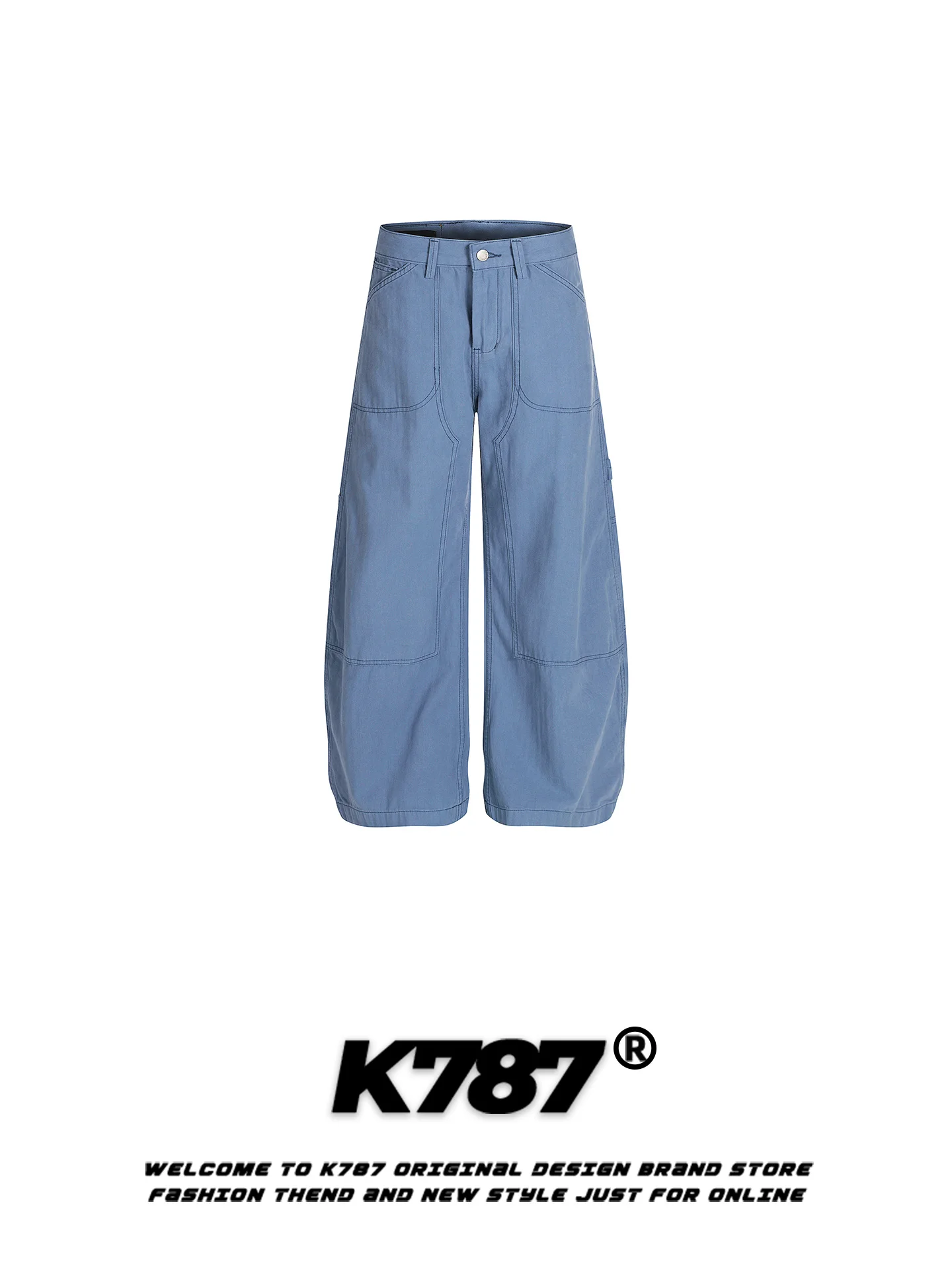 

K787 American Retro Workwear Loose High Waist Casual Pants Men Women Casual Loose Leggings Street Sle Blue Cotton Trousers