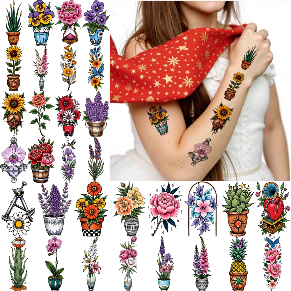 

63pcs Temporary Tattoo Floral Arrangements Temporary Tattoo Stickers Flower Pots Nature Designs New School Traditional