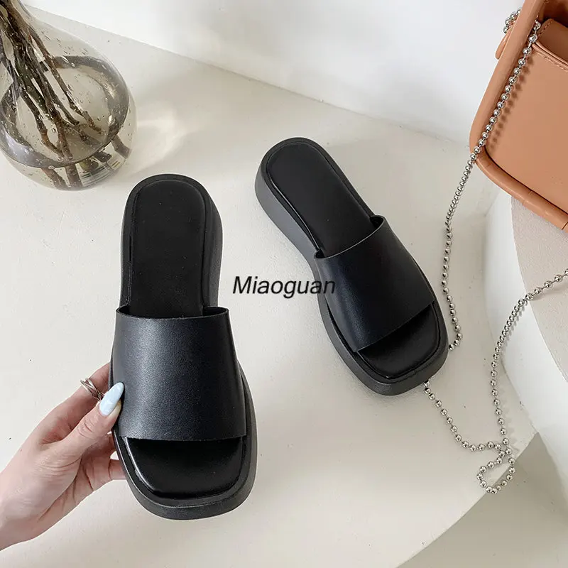 Slippers Female Thick Bottom Wedge Heel Outer Wear 2023 Summer New White Fashion Muffin Flat Bottom Solid Color Women\'s Shoes PU