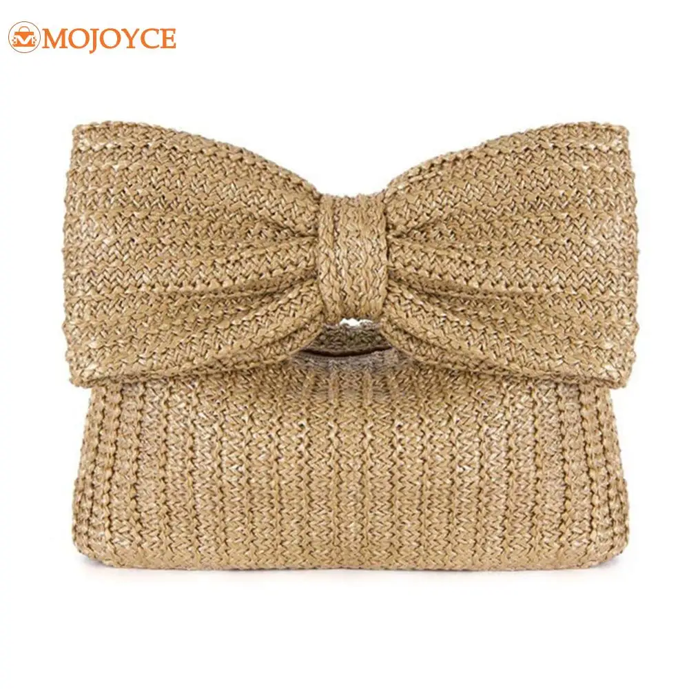 Women's Hand-Woven Dinner Bag Summer Fashion Crochet Banquet Bag 2024 New Party Handbag with Bow Ladies Straw Weaving Clutch Bag