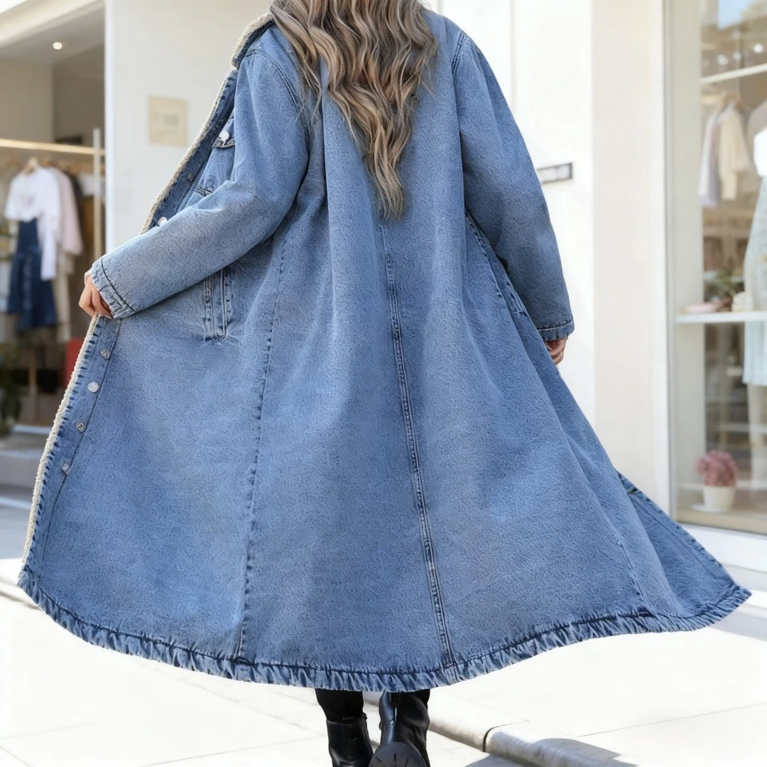 Autumn Winter Women Faux Fur Mid Length Coats Jackets Turn Down Collar Coat Thick Denim Y2k Streetwear Jacket Elegant Outerwear