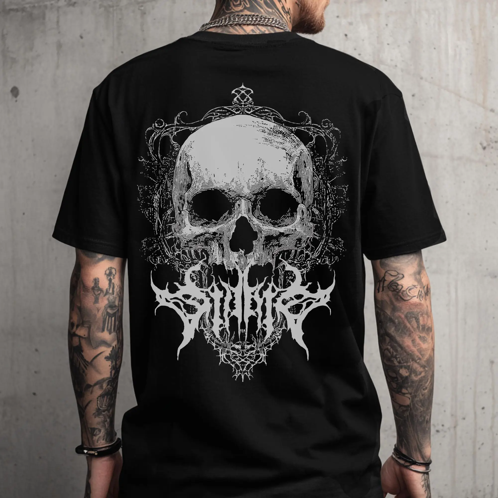 Gothic Skull T-Shirt – Ornate Baroque Frame & Inverted Pentagram Graphic – Dark Occult Art Tee – Edgy Alternative Streetwear Top
